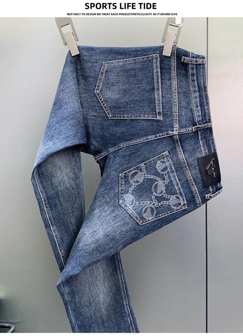 Modische Jeans mit Aufdruck für Herren, leichte Luxus-Jeans für Herren, Stretch, Slim Fit, hochwertige und modische Freizeithose mit Knöchelband