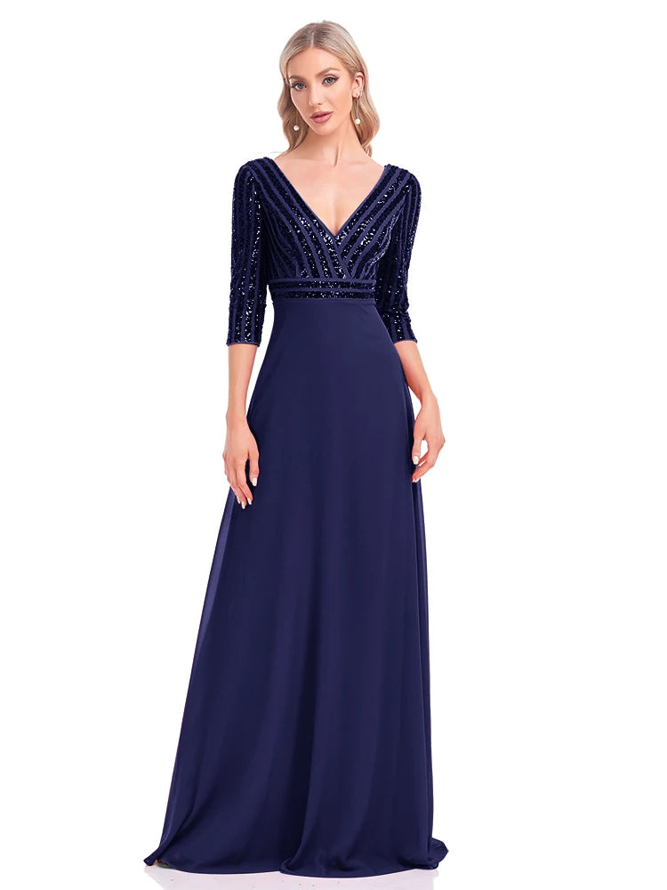 Lucyinlove Elegantes Langarmkleid mit Pailletten und V-Ausschnitt, rosa Abendkleid, Hochzeitsfeier, Abschlussballkleider für Frauen 2024