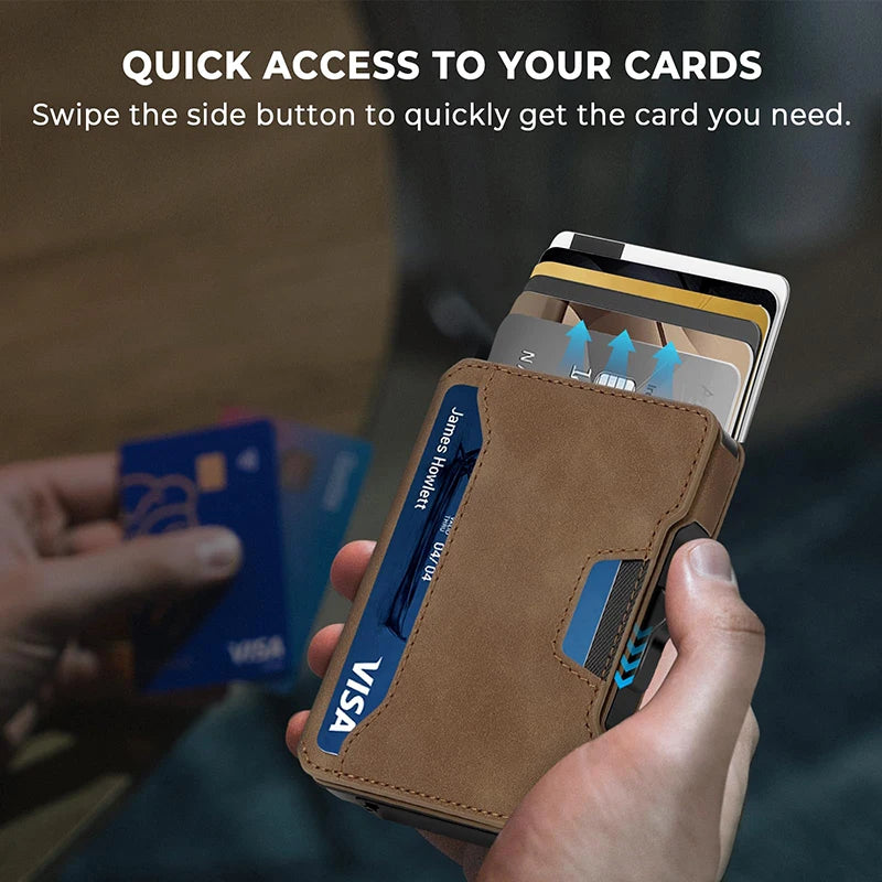 Aluminum Pop Up Card Case and Leather Slots Credit Card Holder RFID Blocking Wallet for Men with Gift Box