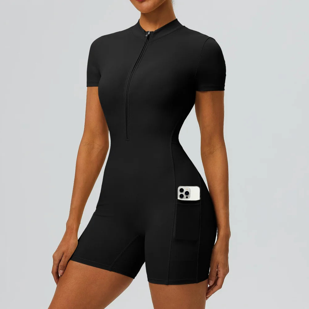 Women's zipper short sleeved yoga jumpsuit with functional pockets for hip lifting and tight fitting sports jumpsuit shorts
