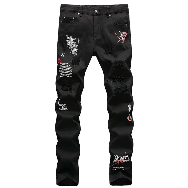 Fashion Embroidery Letters White Skinny Jeans Trousers Men Hip Hop Punk Casual Motorcycle Stretch Ripped Denim Pants Streetwear