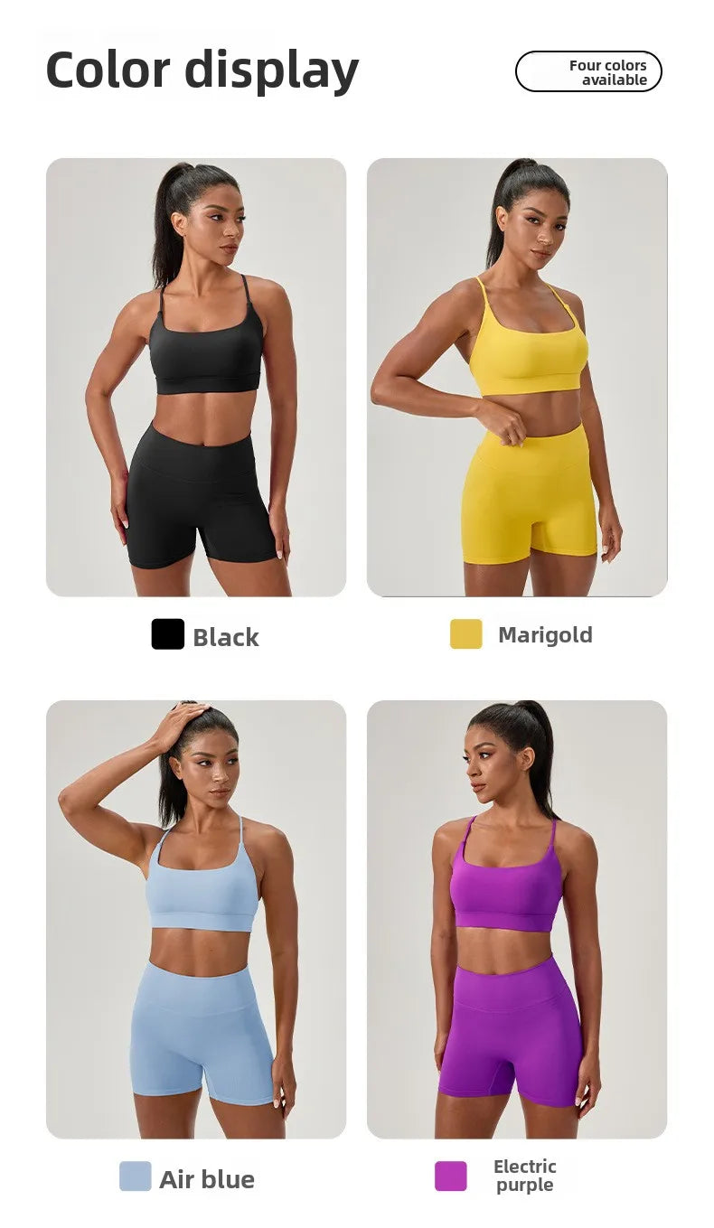 Yoga suit set, sexy back, sports bra, high waist, hip lifting, tight shorts, running and fitness two-piece set Women' Yoga sets