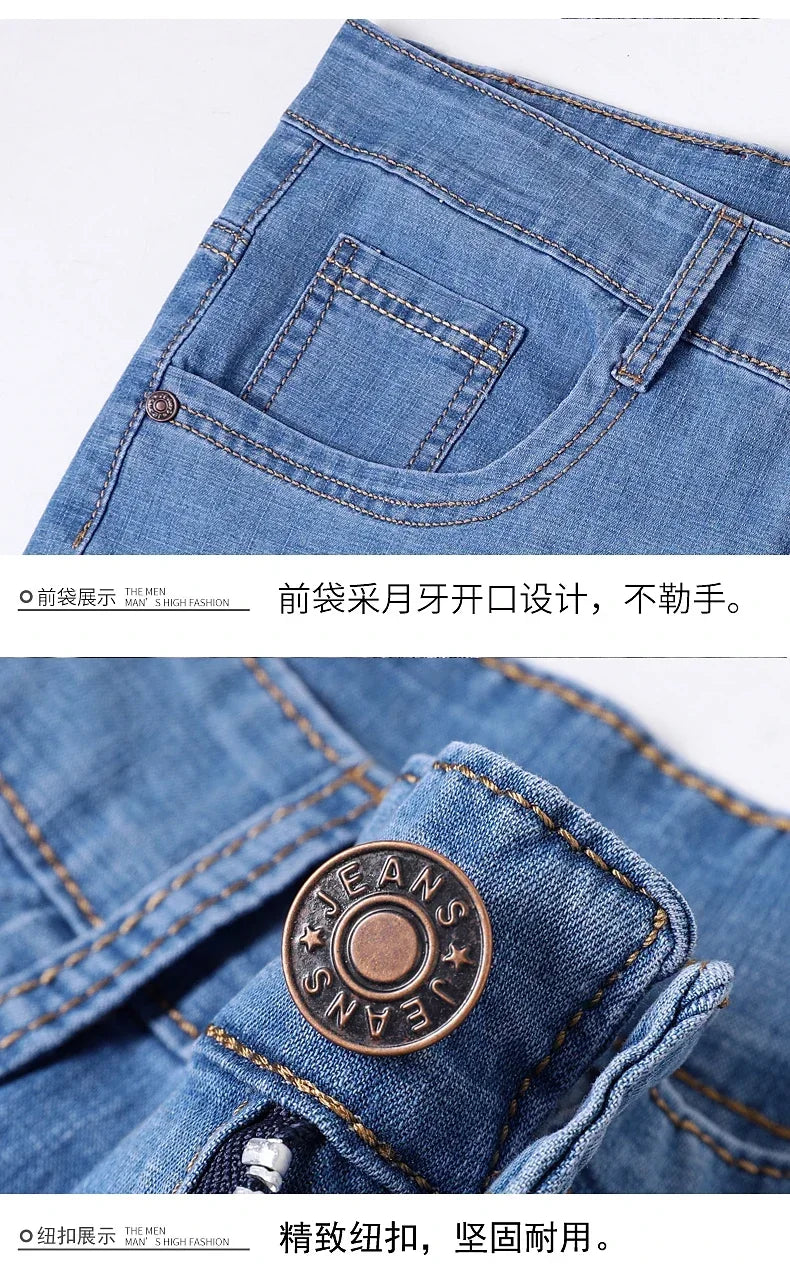 Business Thin Denim Jeans for Men Straight Stretch Cotton Work Pants Business Casual Lightweight Trousers Spring Autumn Workwear