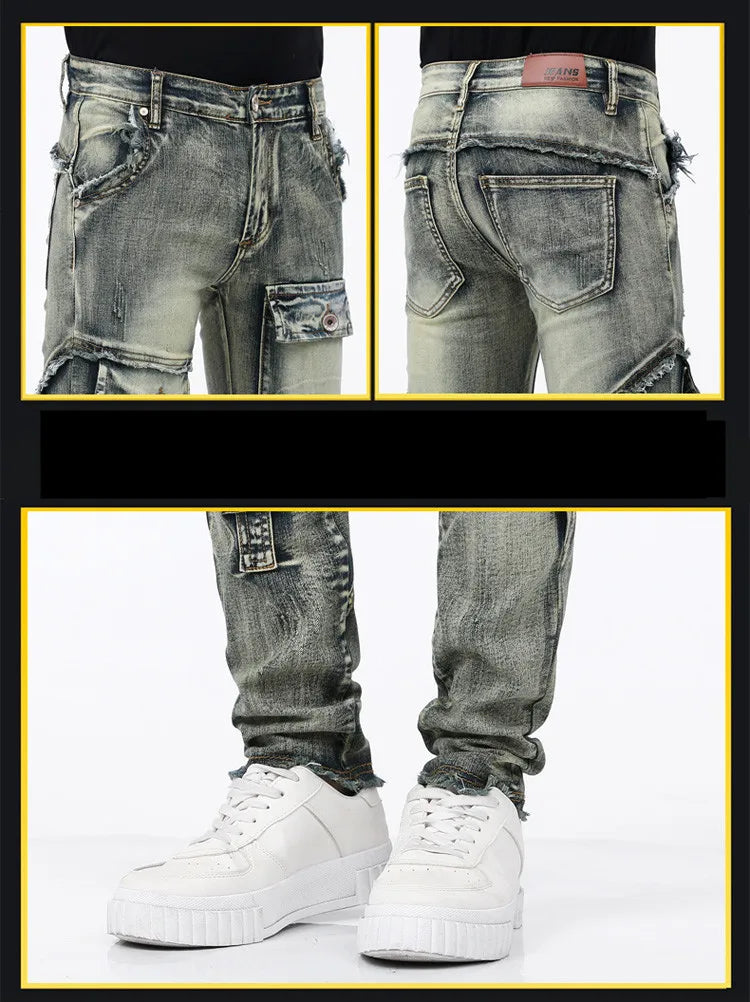 High-Quality Stylish Washed Men's Luxury Designer Jeans Trendy Men Vintage Denim Stretch  Workwear  Motorcycle Boyfriend Jeans