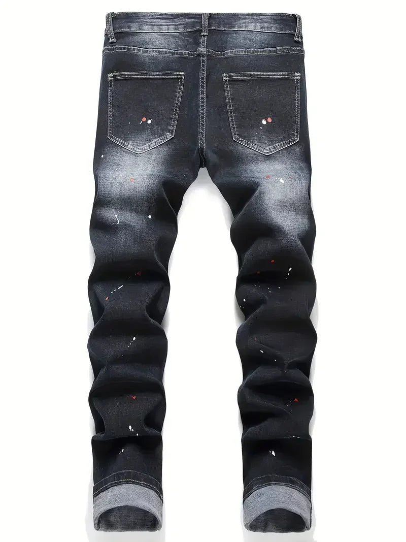 Men Y2K Stretchy Denim Jeans Ripped Skinny Letter Print Elastic Waist Casual Pants for Men Hole Slim Fit Denim Hip Hop Trousers