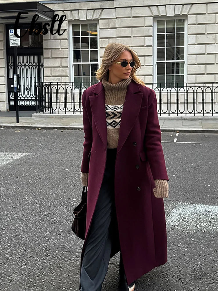 Wine Red Woolen Coats With Scarf Women Elegant Full Sleeve Double Breasted Long Overcoat 2025 Autumn Winter New Lady Streetwear