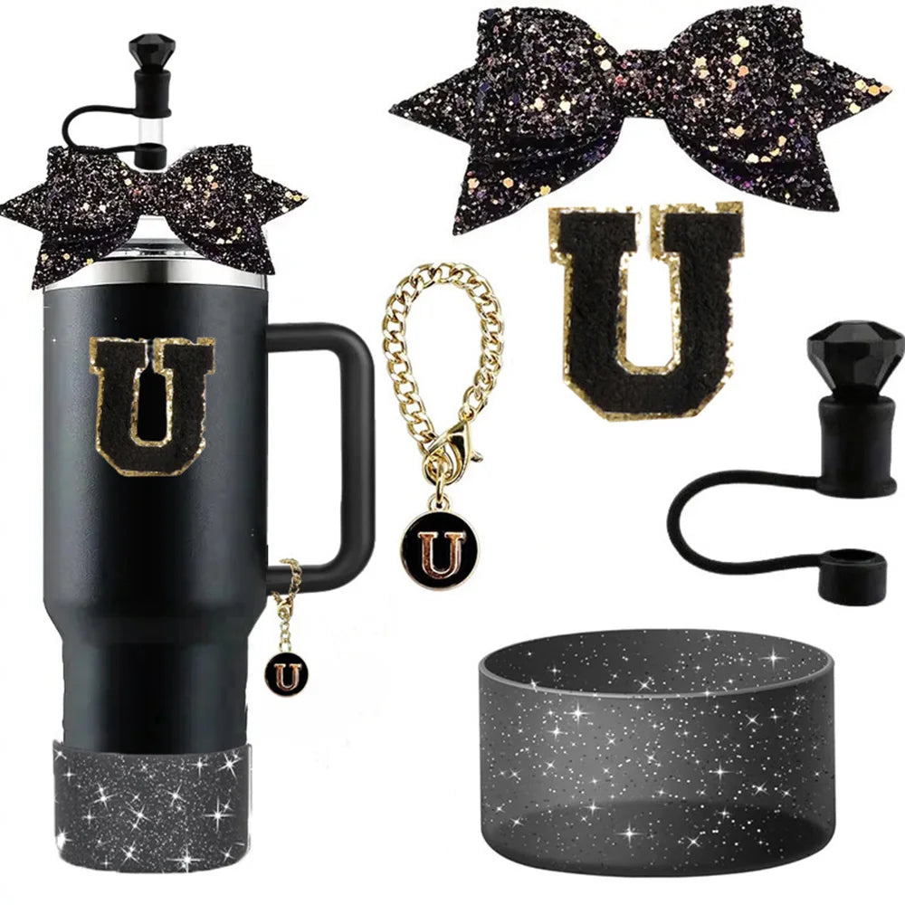5pcs Accessories Set for Stanley 30oz 40oz Tumbler Cup Including 10mm Diamond Straw Cover Topper Bow Ties Initial Sticker
