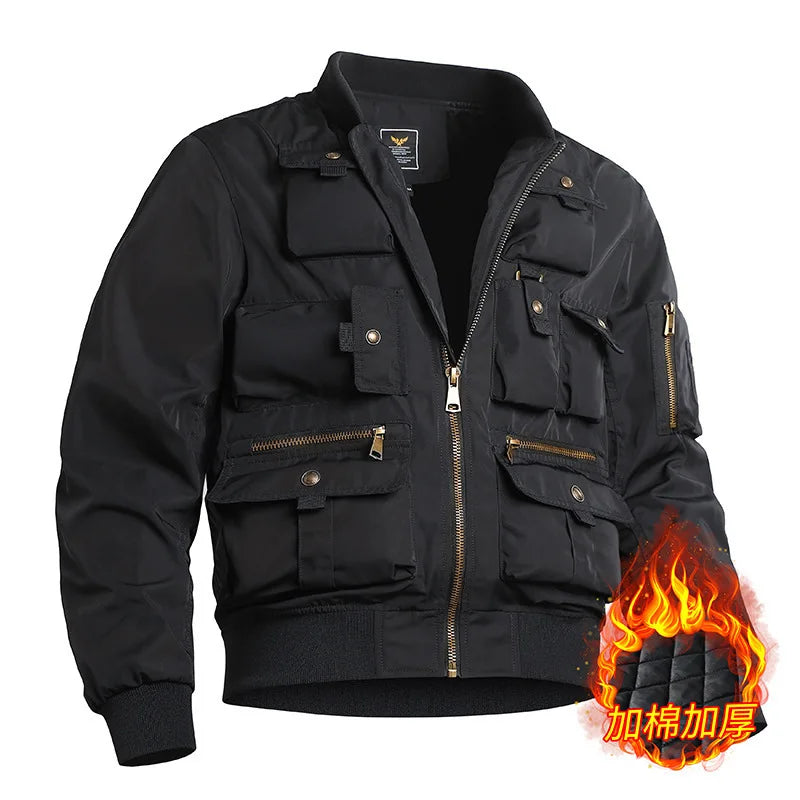 Autumn and Winter Men's stormcoat  New Solid Color Multi Pocket Loose Outdoor Fishing Work Coat Men Retro Waterproof Jacket