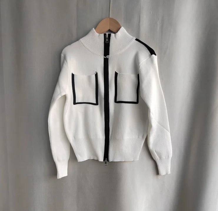 Y2k Elegant Casual Knitted Chic Jumpers Double Zipper Pockets Tender Cardigans Women Sweet Loose Stand Neck Sweaters Japanese