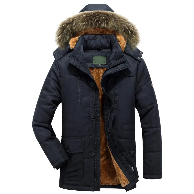 Man Winter Parkas Coat Vintage Thicken Fleece Cold-proof Zipper Male Hooded Jacket Long Sleeve Pocket Casual Men Outerwear