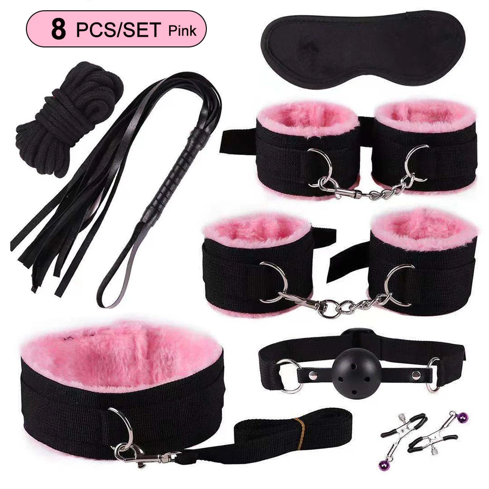 Hot Exotic Bed B+ndage Set B+SM Kits Exotic S*x Toys For Women  Adults Games Leather Handcuffs Whip Gag Nipple Clamps S*x