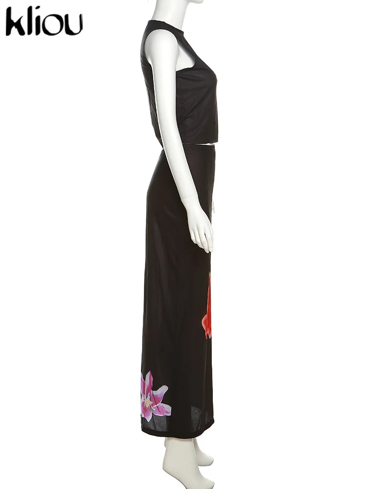 Kliou Vintage Folower Print Zweiteiliges Set für Damen, sexy, durchsichtige Netz-Weste + schmaler Rock mit hoher Taille, passende Outfits für Damen