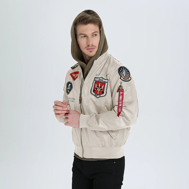 High Quality Military Fashion Casual Boy Youth Lightweight Top Gun Patch Embriodey Streetwear Ma1 Satin Flight Bomber Jacket Men