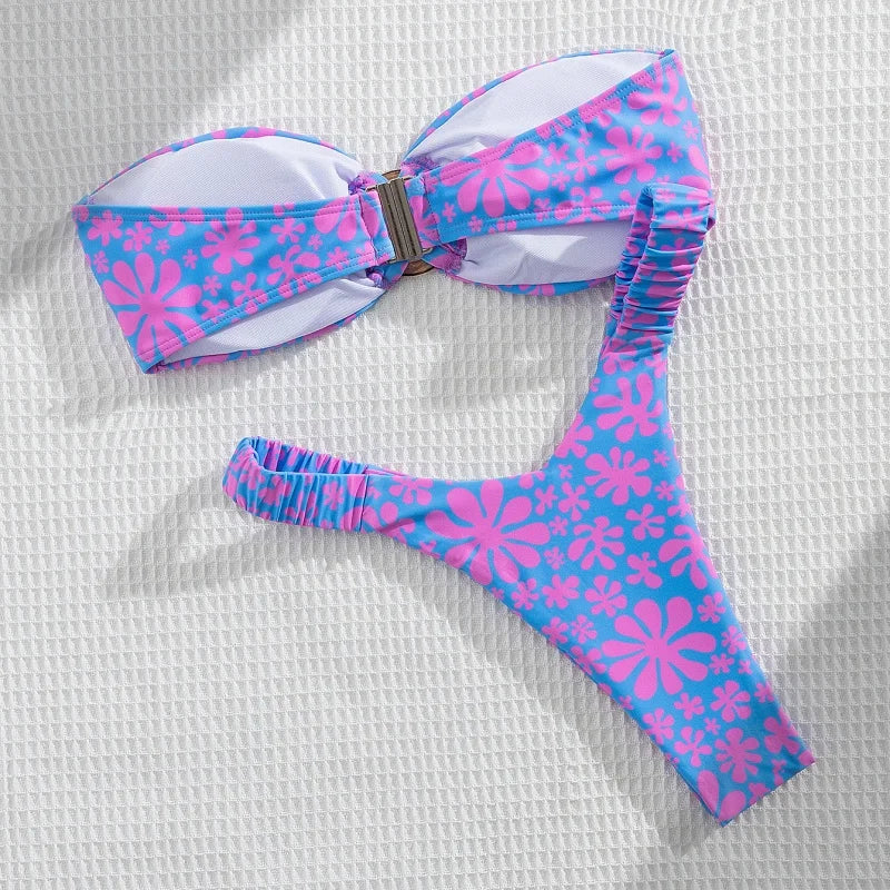 Micro Bikini Push Up Women Swimsuit Fashion Floral Pattern Split Bandeau Bikini Set Sexy Lady 2 Piece Bathing Suit Biquini