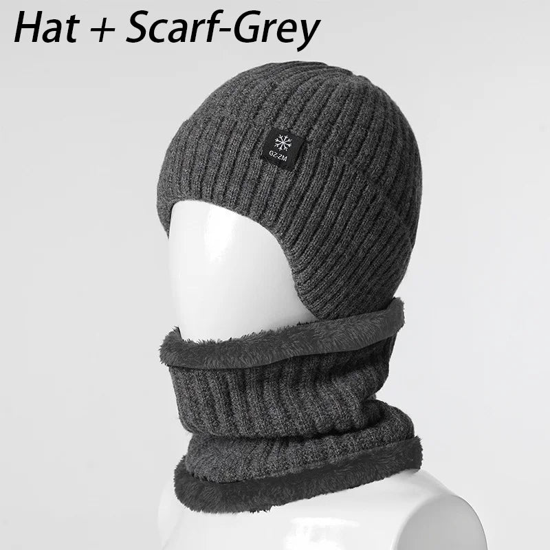 Men's Autumn/Winter Hat+Scarf Winter Warm Ear Protection Set Thick Knitted Wool Breathable Solid Color Hat