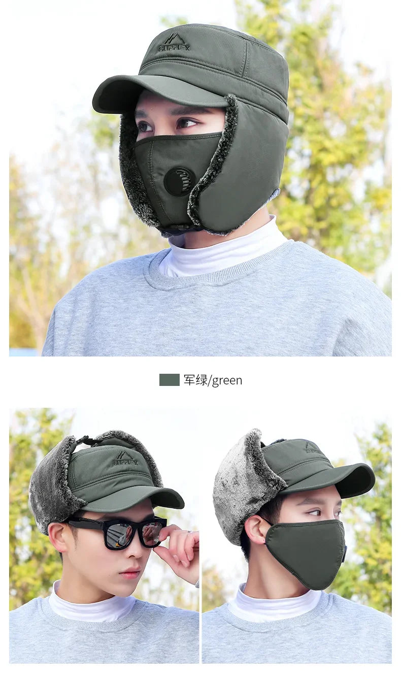 Fashion New Winter Bomber Hats Men's Northeast Mask Ushanka Lei Feng Hat Outdoor Windproof Keep Warm Thick Earmuffs Flat-Top Cap