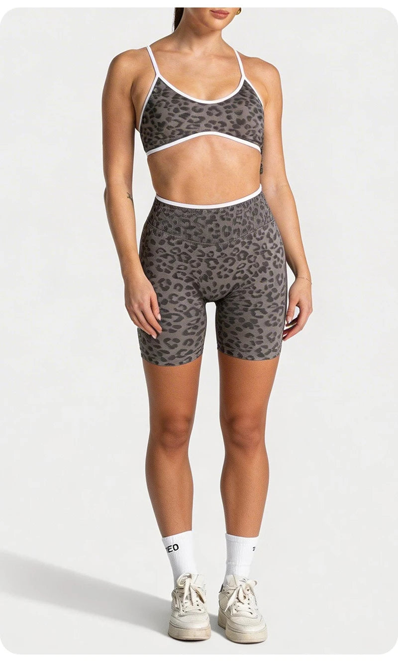 Women Leopard Print 2 Piece Yoga Set High Waist Butt Lift Biker Shorts Adjustable Strap Sports Bra Gym Workout Activewear