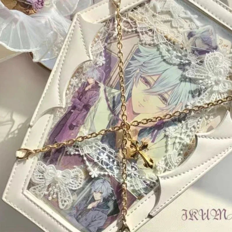 New Dark Gothic Lolita Halloween Handbag Pu Leather Chain Coffin Wings  Bag Sweet Vintage Medieval Witch Crossbody Bag