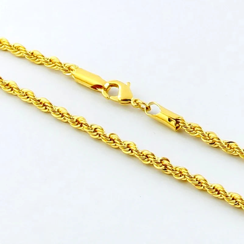 Hip Hop 24K Gold Necklace 3MM Twisted Rope Twist Electroplating Gold Necklace for Men Women Wedding Jewelry Gifts