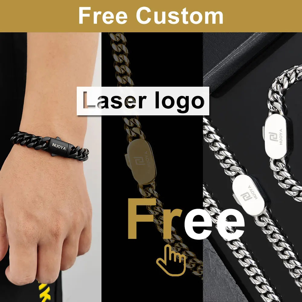 Nuoya Hip Hop Jewelry Stainless Steel Men Flat 4 Side Curb Cuban Link Chain Necklace For Men Drop Shipping