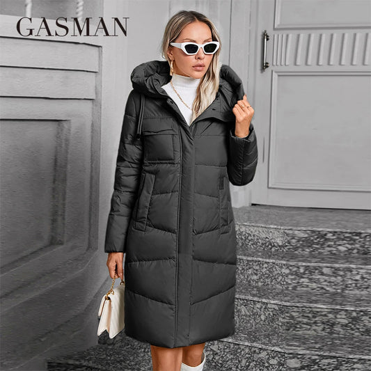 GASMAN  Women Down Jacket Long Classic zipper design Big Pocket Stand Collar Hooded Slim coat Women Parkas