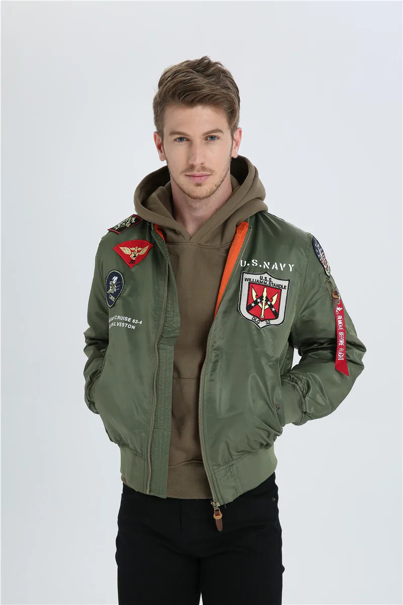 High Quality Military Fashion Casual Boy Youth Lightweight Top Gun Patch Embriodey Streetwear Ma1 Satin Flight Bomber Jacket Men