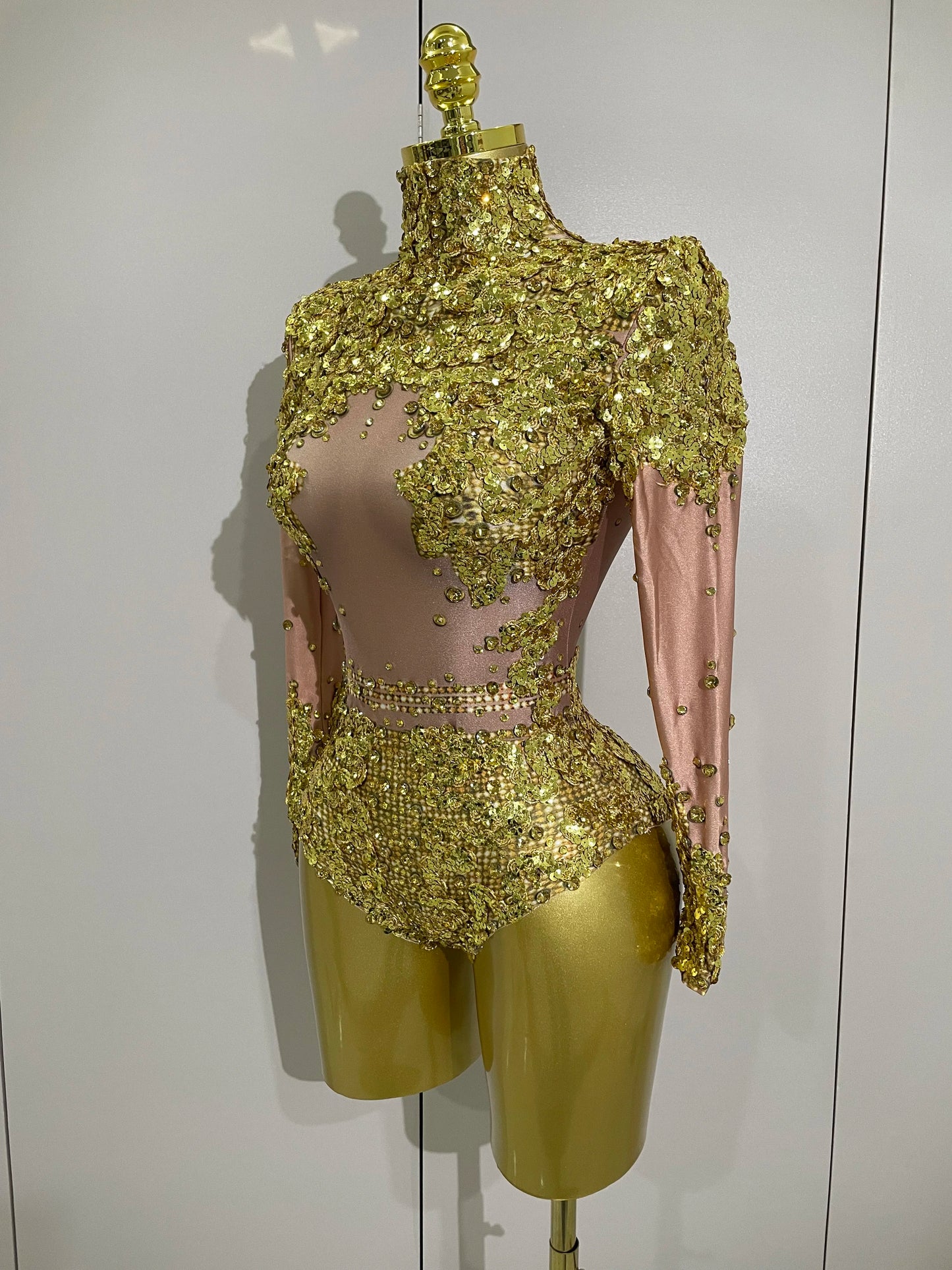 STOCK Sparkly Gold Silver Rhinestone Sequin Stretch Bodysuits Women Birthday Party Nightclub Dancer Stage Performance Costume