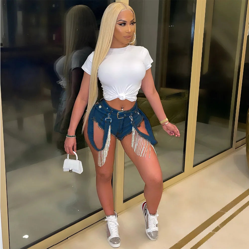 Prowow Fashion Diamond Tassel Damen Shorts Sommer Denim Superkurze Hose Neues Design Y2k Style Boutique Jeans für Party Club