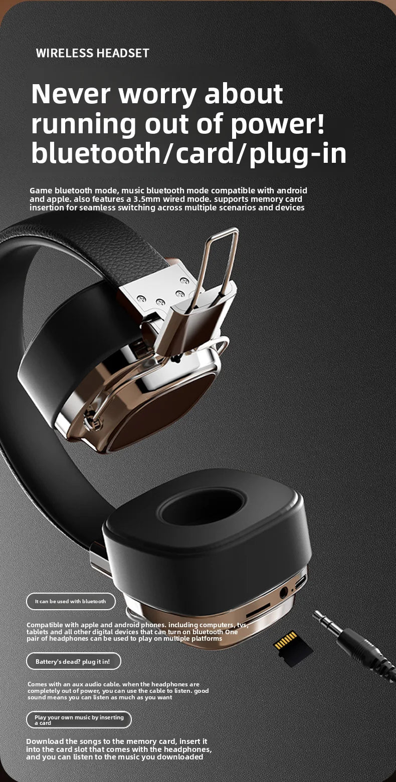 Shoumi Hifi Wireless Headphones Bluetooth Earphones Large Headset Helmets with Mic Support TF-Card Mp3 Play display screen