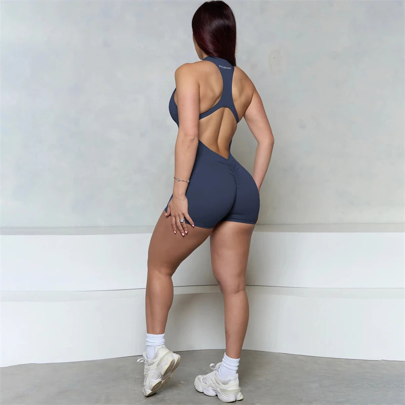 Women Bum Sleeveless ZIPPER Scrunch Butt Romper Women Sporty Jumpsuit Lycra Short Fitness Gym Overall New Workout Clothes