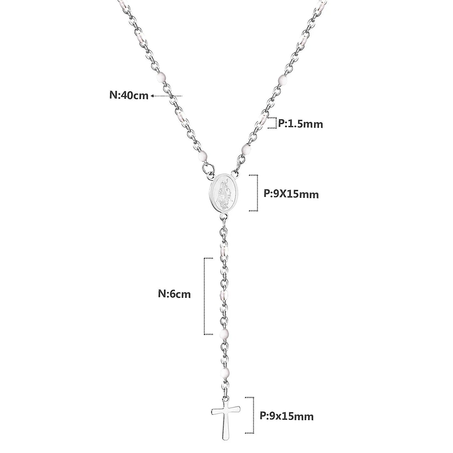 LUXUSTEEL Stainless Steel Long Necklace Virgin Mary Cross Pendant with 35cm+15cm Extender Bead Chain Jewelry