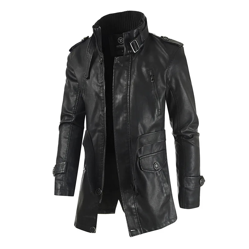 Men's Genuine Leather Jacket Winter Warm Thick Plush Lining Long Coat with Stand Collar Fashion Outerwear