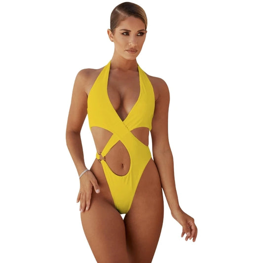 Einteiliger Badeanzug für Damen, sexy Cut-out-Bademode, Neckholder-Bikini, gekreuzter Badeanzug, hohle rückenfreie Bademode, brasilianische Bademode