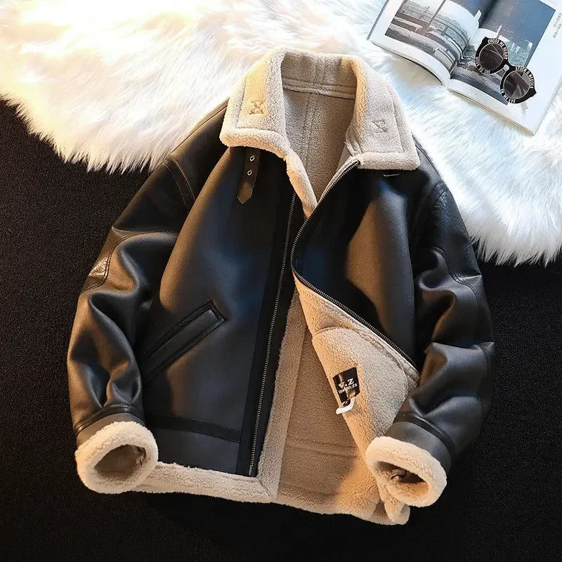 Men's Autumn Winter Thickening Fleece Leather Jacket Plus Velvet Warm Fashion Black Khaki Male Casual Work PU Jacket Cotton Coat