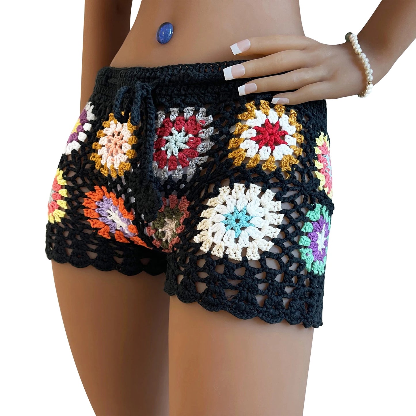 Women's Knit Crochet Shorts Beach Summer Casual Hollow Out Elastic Waist Drawstring Short Pants Female Lounge Sleep Bottoms Y2K