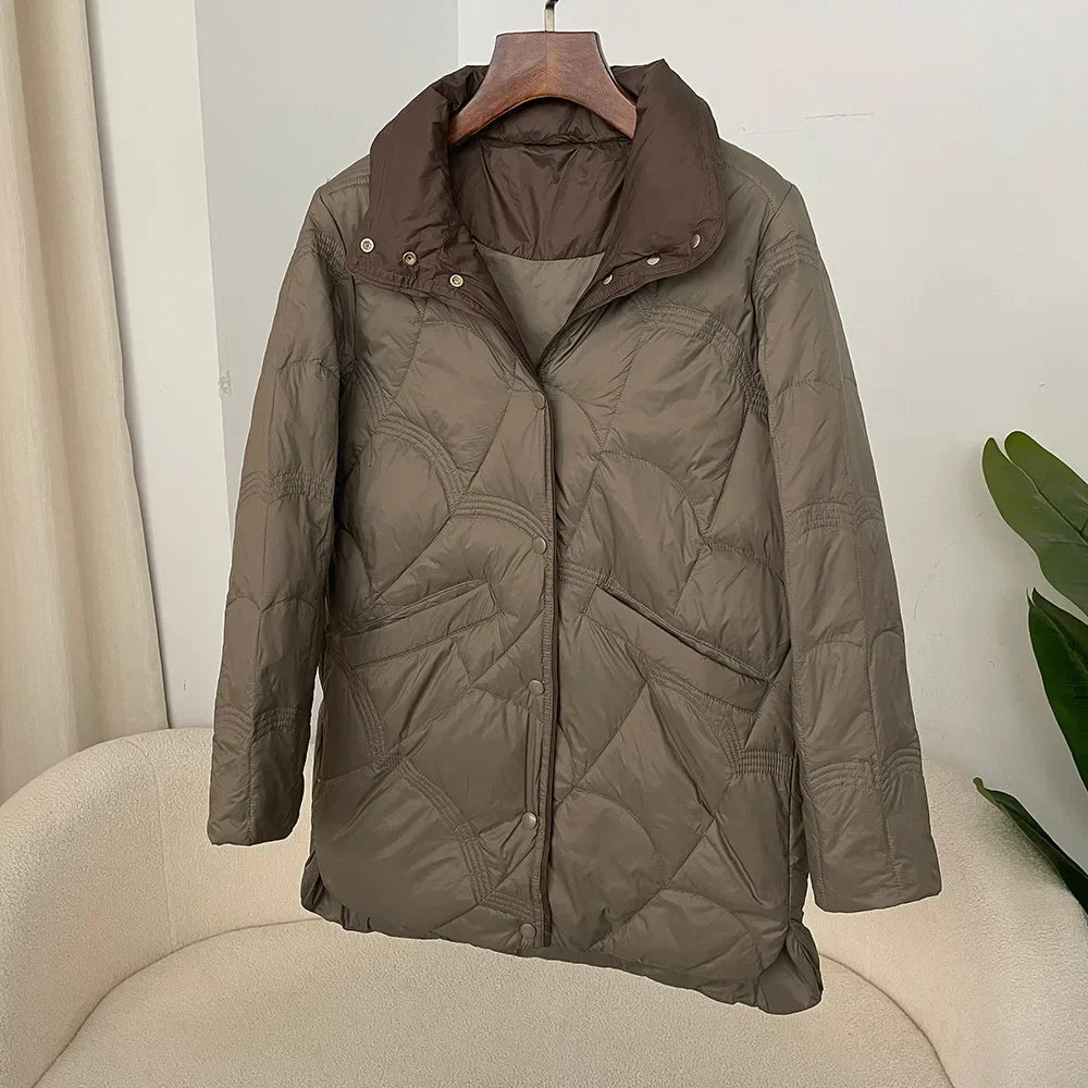 New  Autumn Winter Down Jacket Women Classic Mid-Length Warm Korean Style Loose 90 White Duck Down Jacket Stand Collar Coat