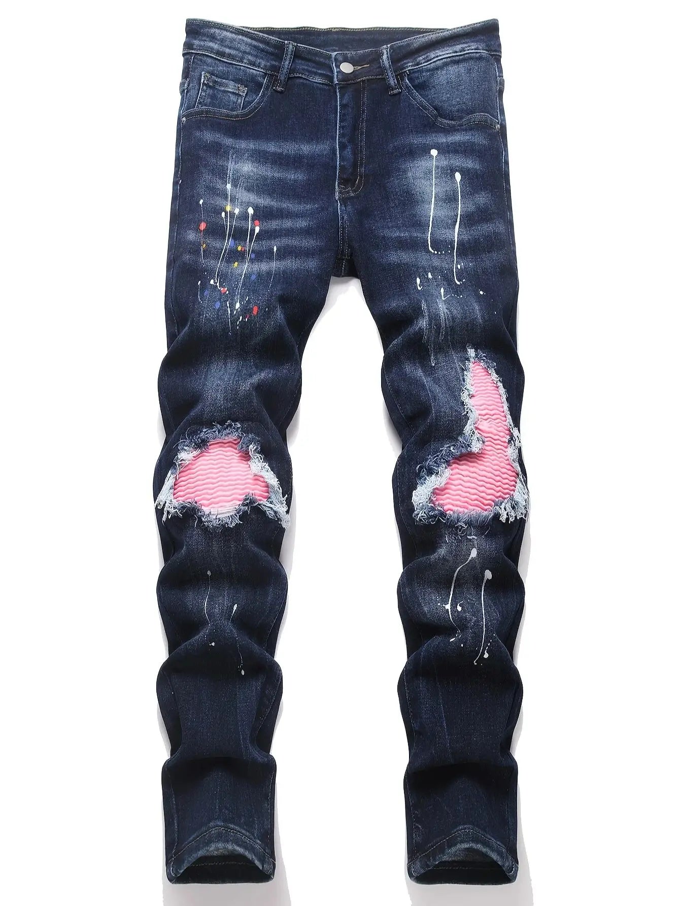 Men Skinny High Stretch Ripped Denim Jeans for Man Casual Pants Slim Fit Biker Trousers Hole Patchwork Paint Splatter Male Jeans