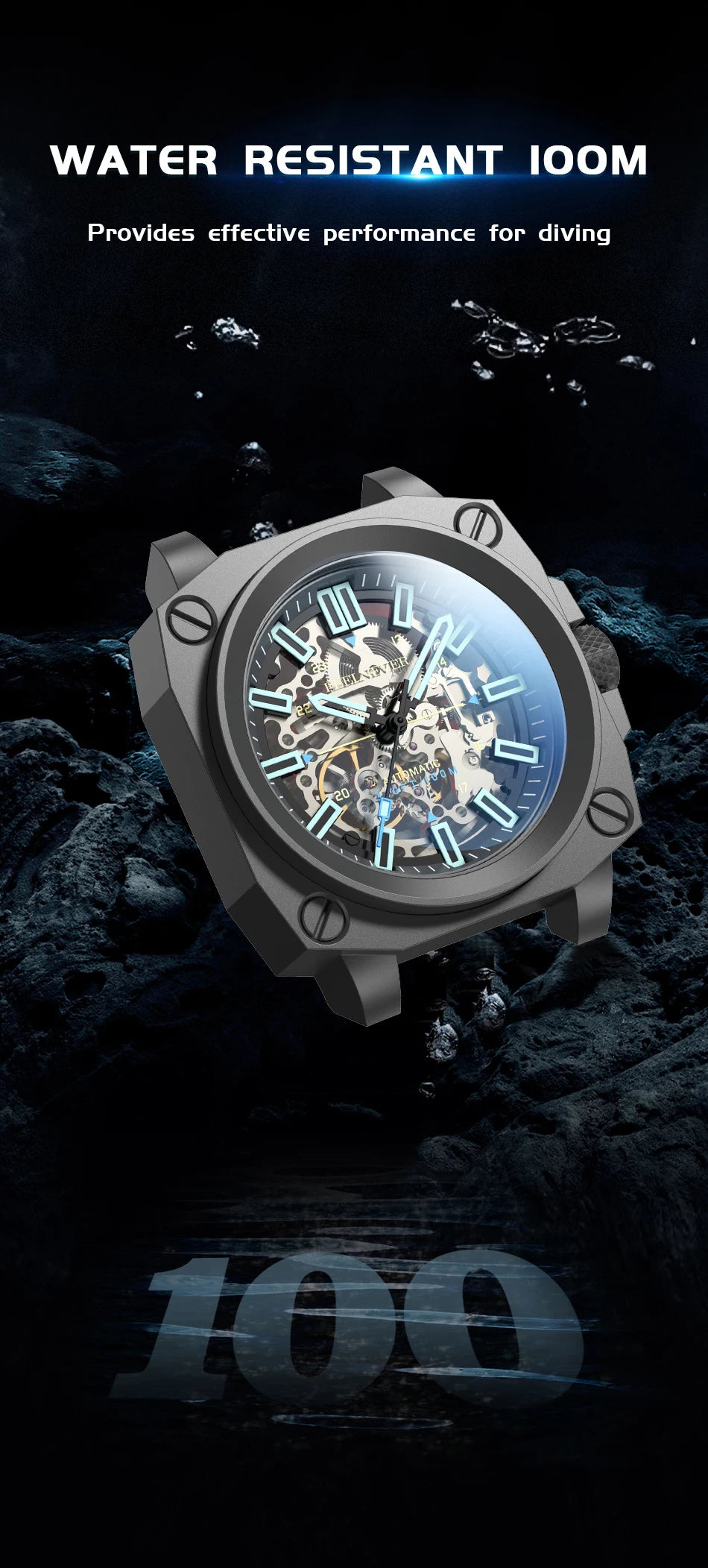 FeelNever Kreative Herrenuhr mit Automatikwerk, ausgehöhlt, modisch, lässig, sportlich, Militär, Leder, wasserdicht, mechanische Uhr + Box