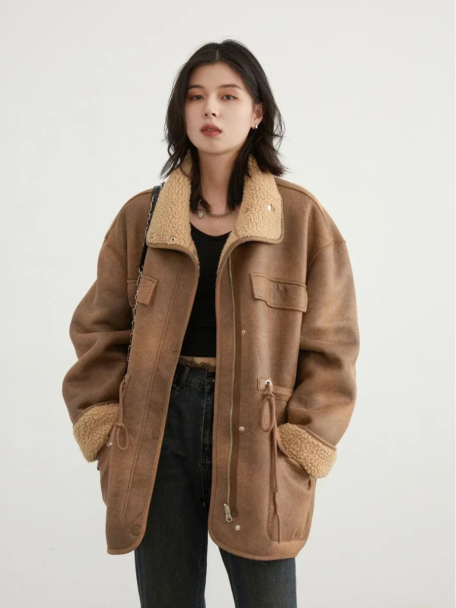 CHIC VEN Women's Jackets Thick Warm Solid Suede Reversible Jacket Motorcycle Outer Coat Loose Female Overcoat Winter Autumn