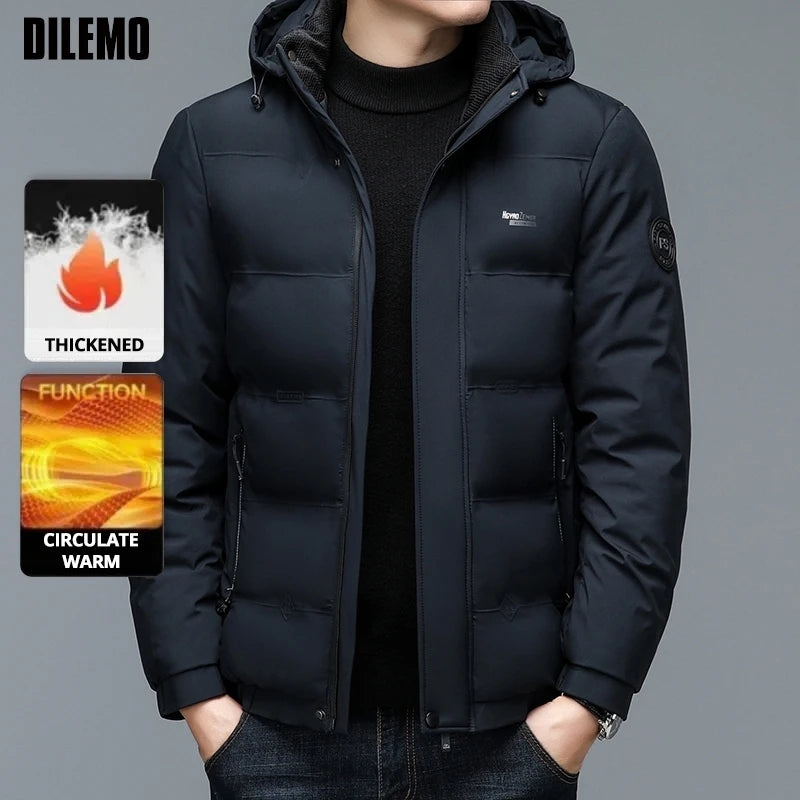 Men's Quilted Winter Windbreaker Parka Jacket with Thickened Lining – Hooded Standing Collar Coat for Middle-Aged Warmth