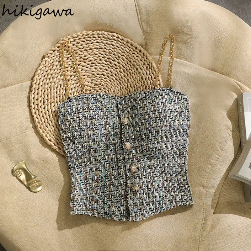 Ropa Mujer Summer Tanks for Women's Sweet Plaid Tunic Sleeveless Camis Crop Tops Chic Chian Backless Single Breasted Vest