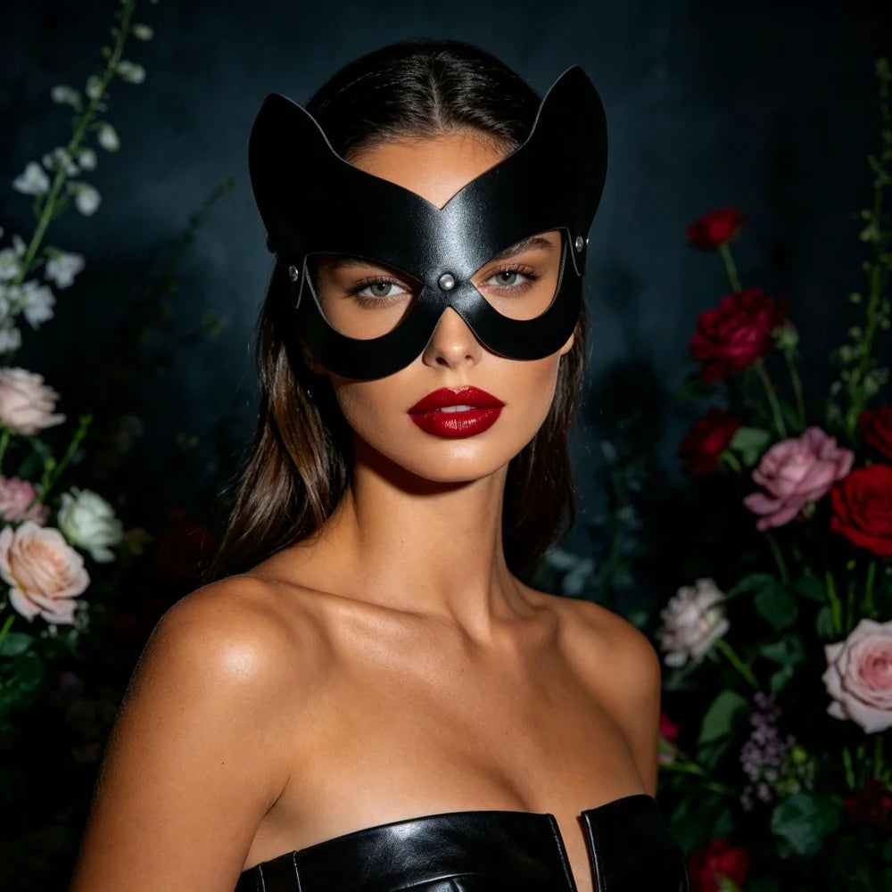 Edgy Cat Girl Rivet PU Half Face Mask, Halloween Party Cosplay Prop, Textured Vibe Dress Up Accessory, Ideal for Masquerade Part