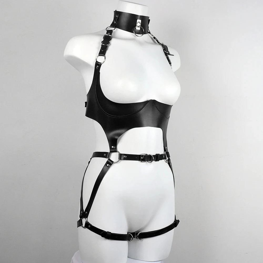 Women Fashion Sexy Harness Waist Belt Set PU Leather Harness Waist Erotic Body Leg Garter Belt Goth Clothing Accessoly