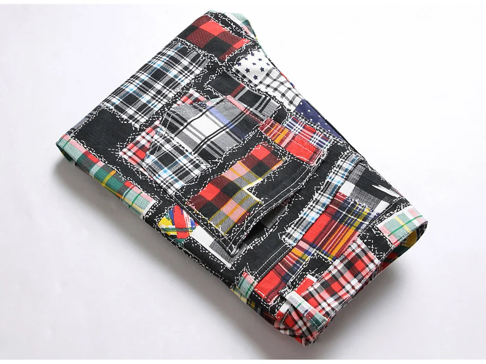 Männer Plaid Digital Print Jeans Mode Patches Patchwork Stretch Denim Hosen Schlank Gerade Hose