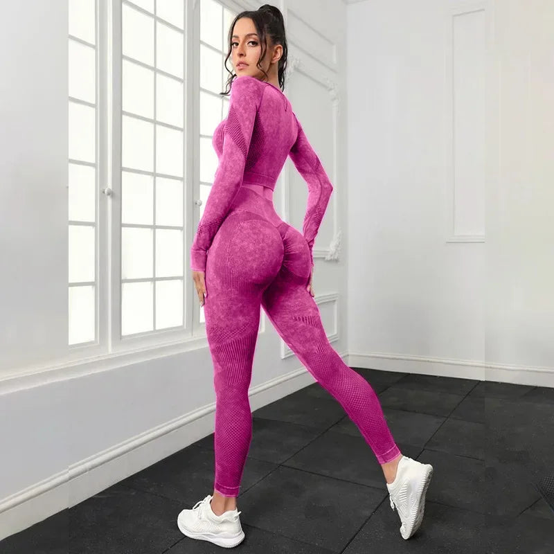 Mileegirl 2pcs Gym Sets Women Seamless Sports Pants Hollow Out Long sleeves Top Fitness Winter Fall Workout Legging Warm Outifts