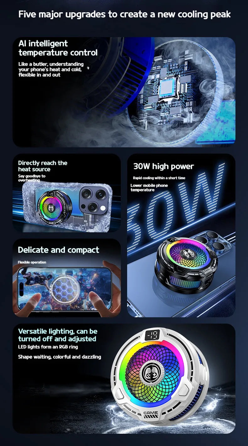 FS18 AI Mobile Cooler 30W Magnetic Back-clip Ice Cooling Radiator Digital Display RGB Light Gaming Cooler Temperature Control