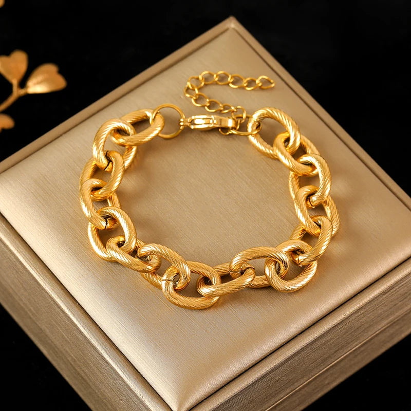 316L Stainless Steel Gold Color Cuban Chain Bracelet For Women Men Trendy Punk Waterproof Wrist Chain Jewelry Gift Party