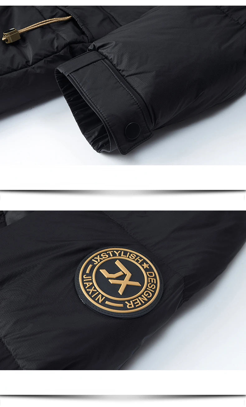 Leichte Luxus-Daunenjacke für Herren, lang, Winter 2024, trendig, 90 % weiße Entendaunen, warmer Mantel, Business-Casual-Mütze, leichte Daunenjacke