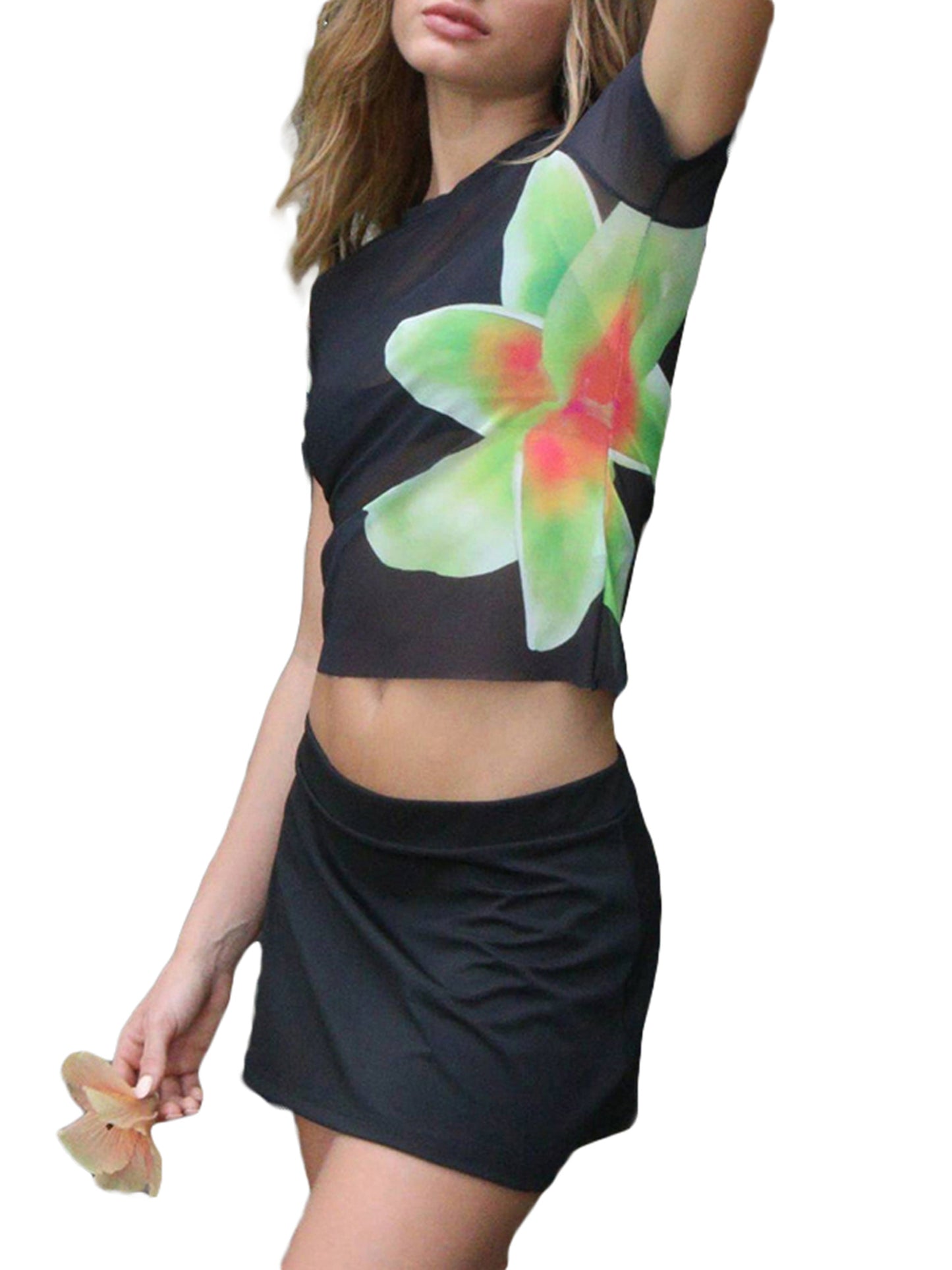 Damen Y2K 2-teiliges Traf-Sommer-Outfit-Set mit Blumendruck, durchsichtiges Netz, kurzärmeliges T-Shirt und Minirock, Streetwear