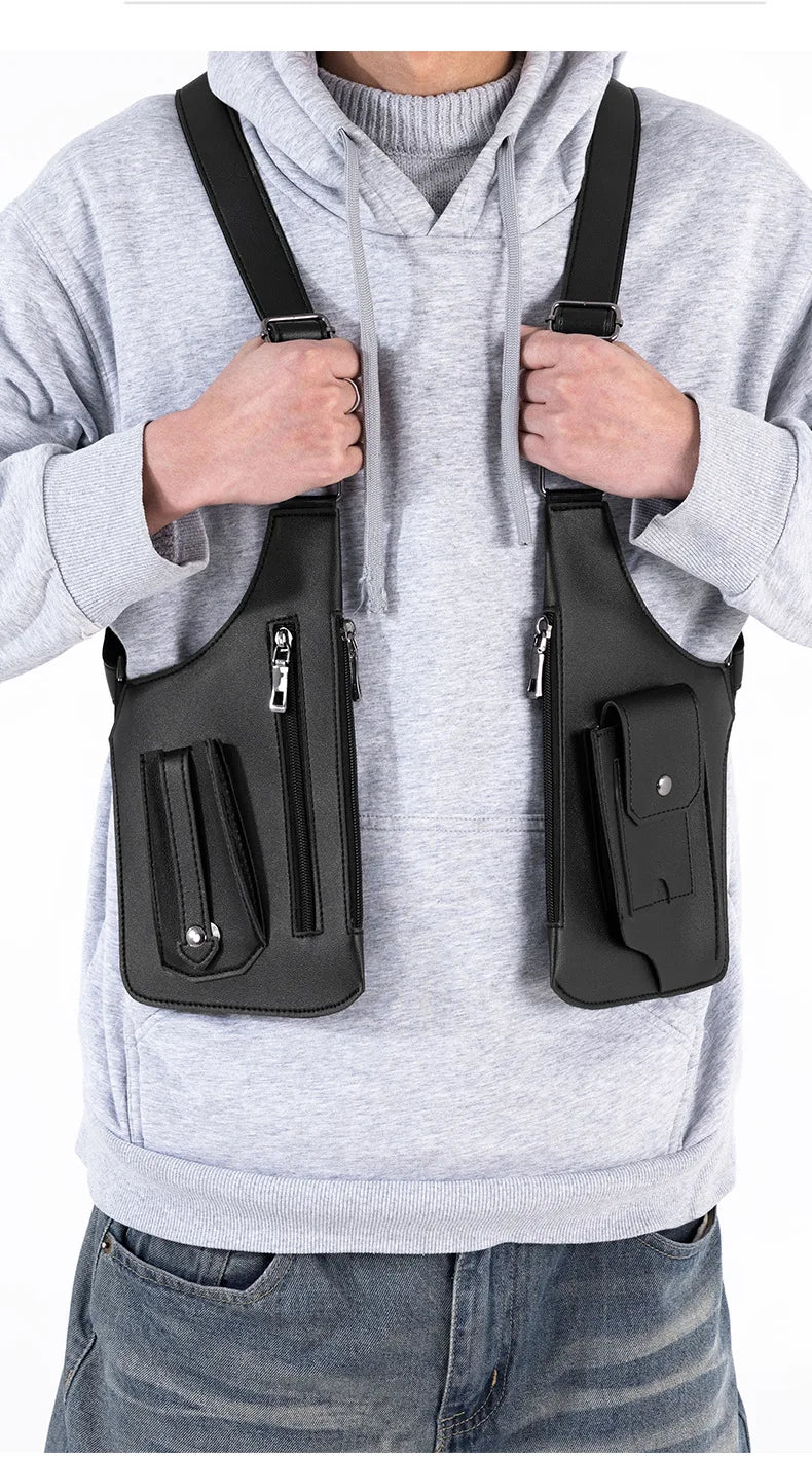 Luxury Design Men's Tactical Vest Bag High Quality PU Leather Man Chest Bag Phone Pouch Vintage Design Underarm Back Pack Bags
